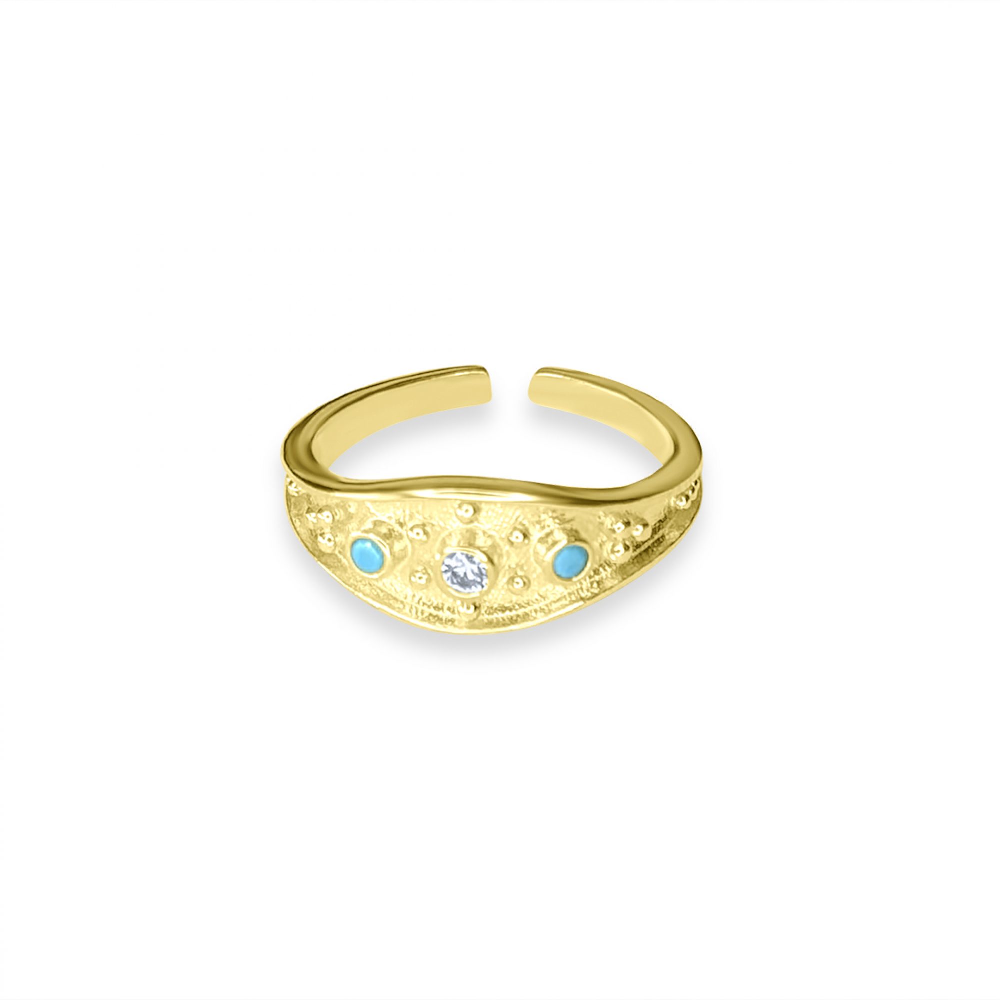 Gold plated ring with zircon and turquoise stones
