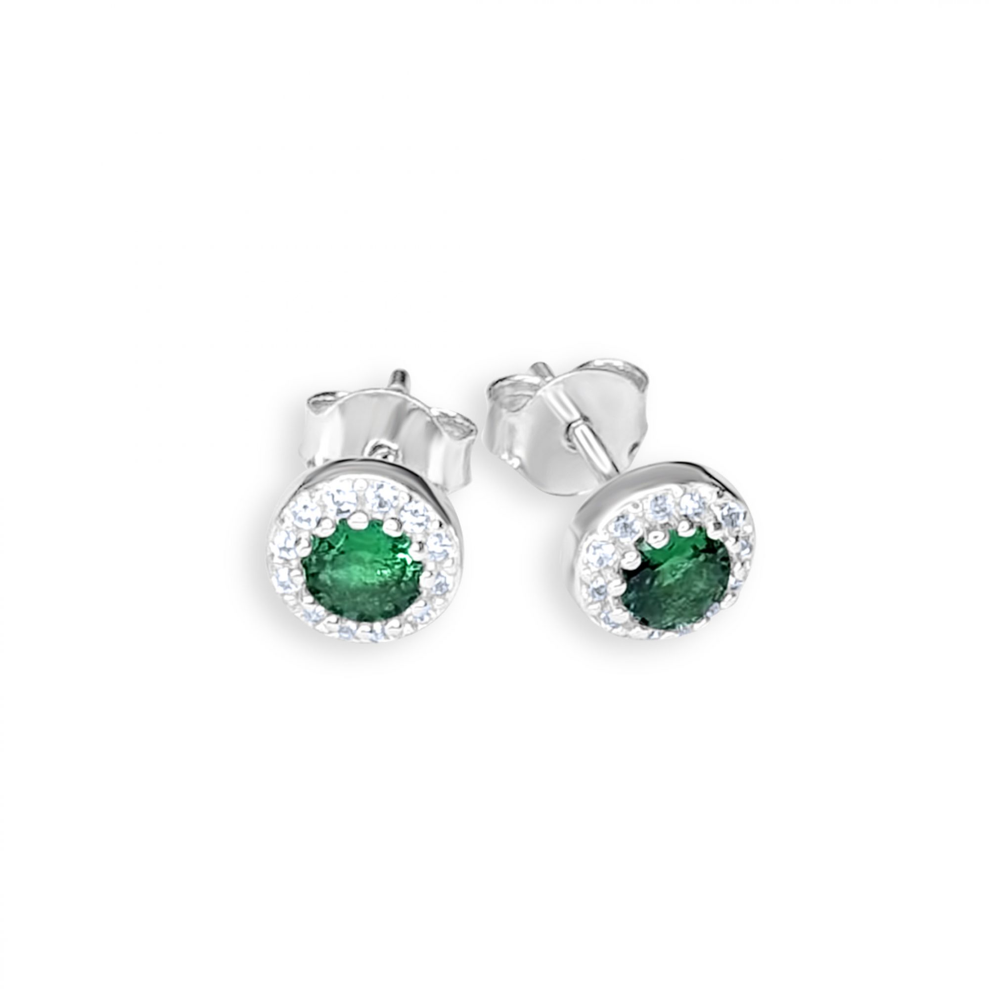 Silver stud earrings with emerald and zircon stones
