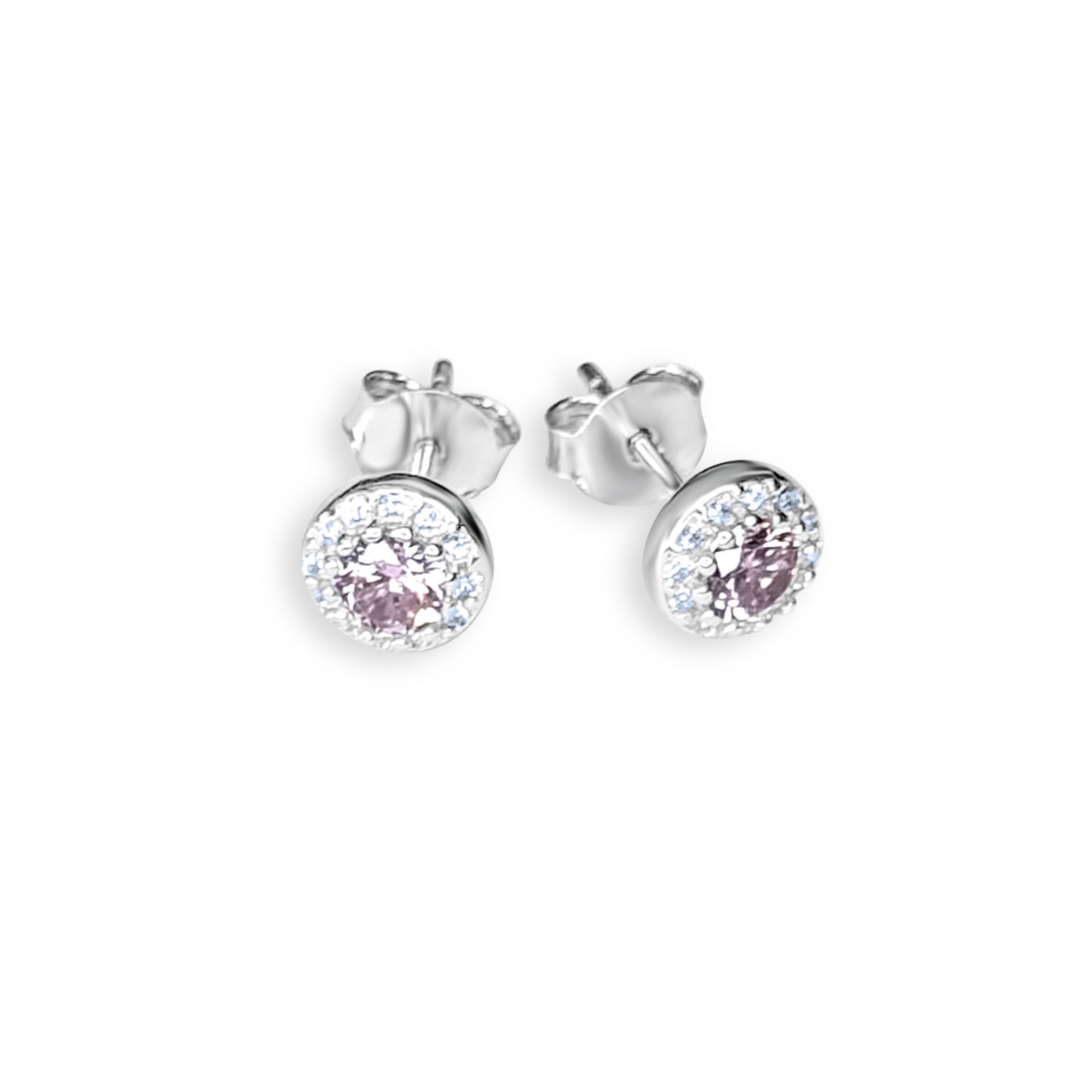 Silver stud earrings with pink quartz and zircon stones