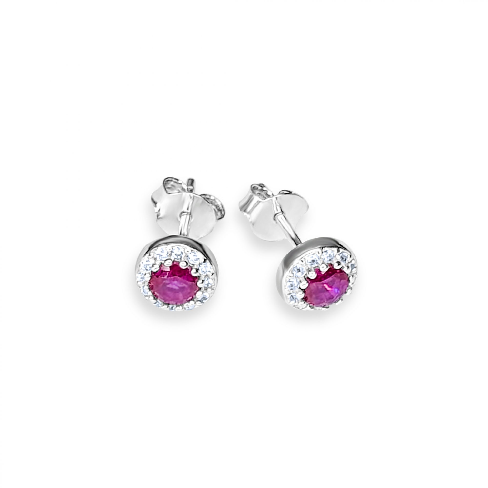 Silver stud earrings with ruby and zircon stones