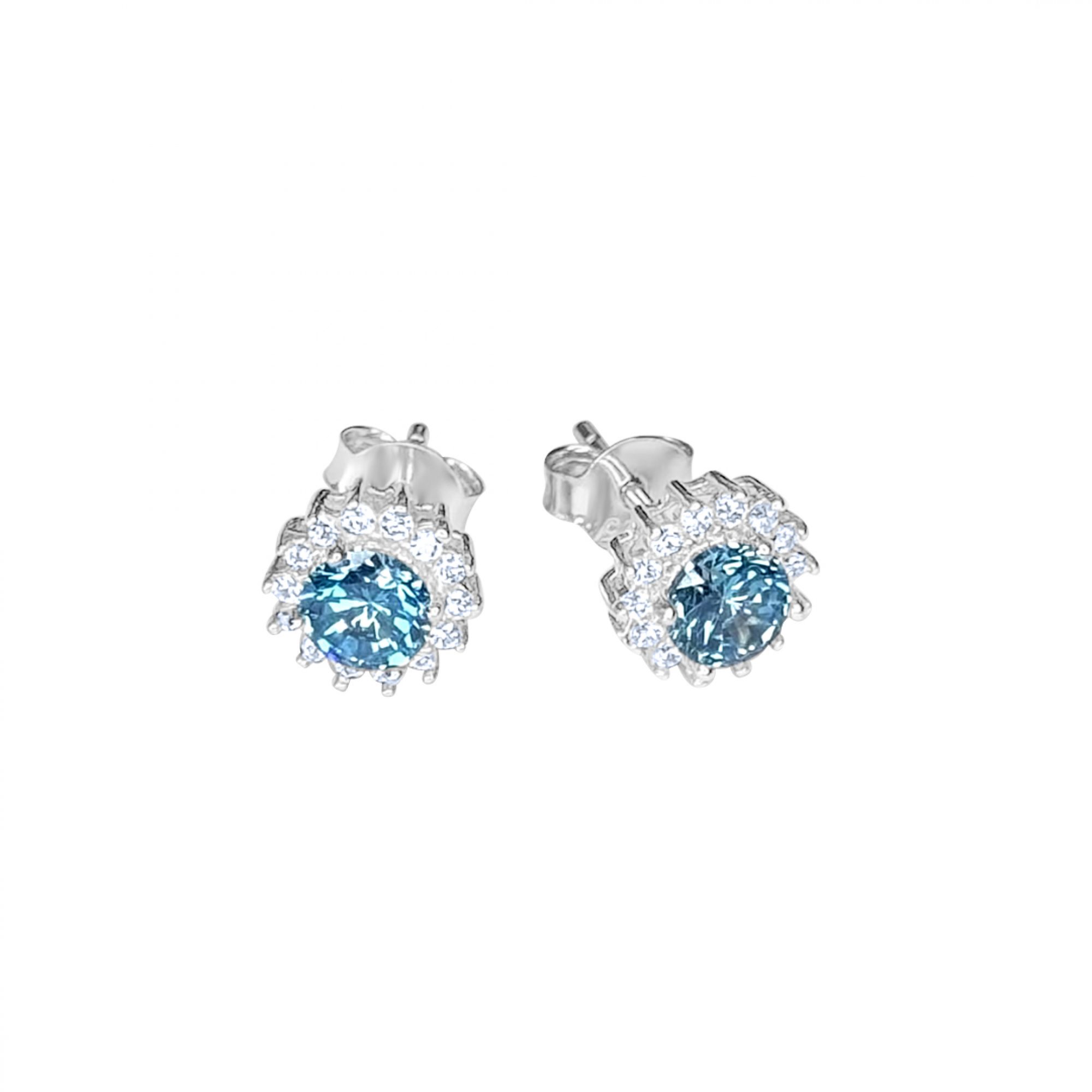Silver stud earrings with aqua marine and zircon stones
