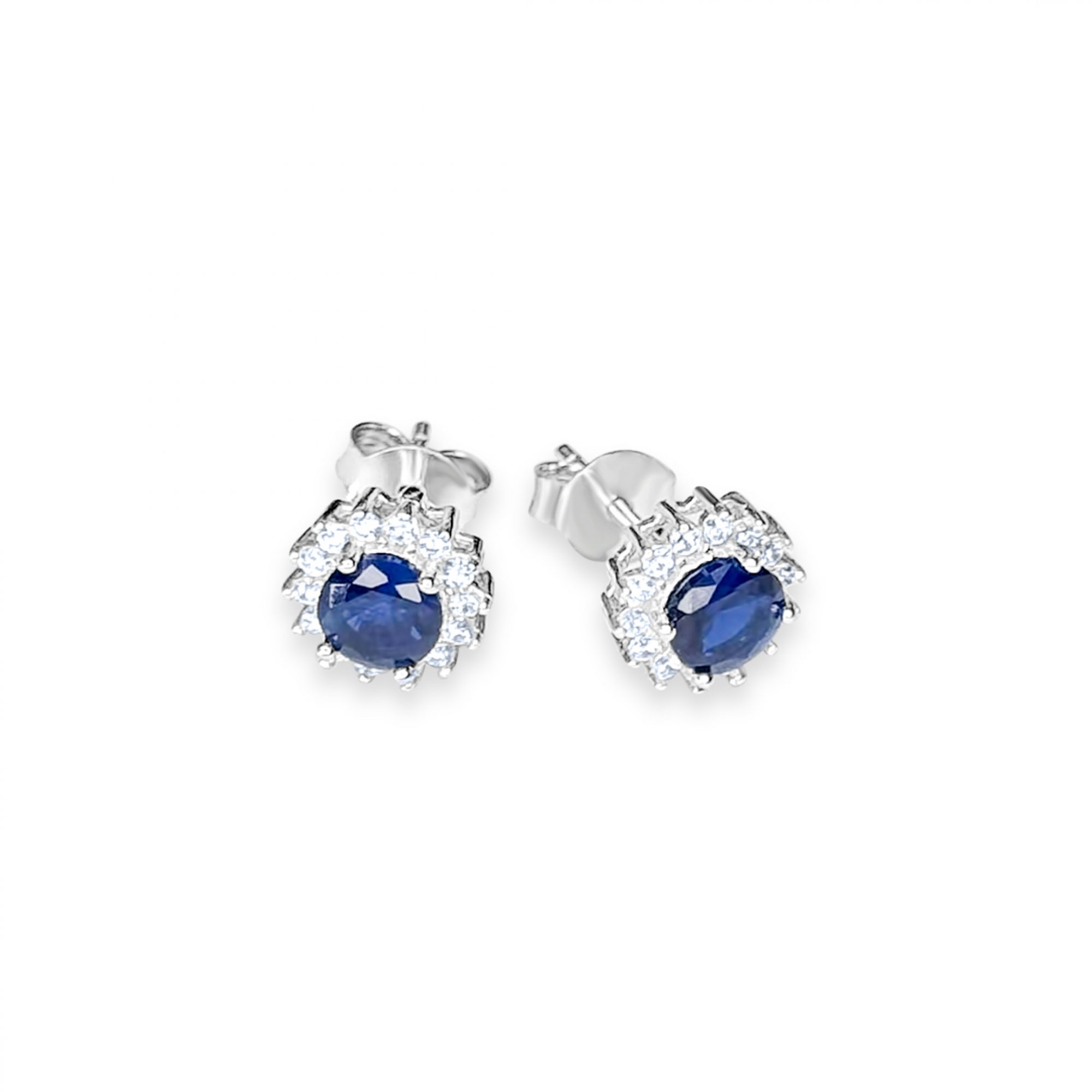 Silver stud earrings with sapphire and zircon stones