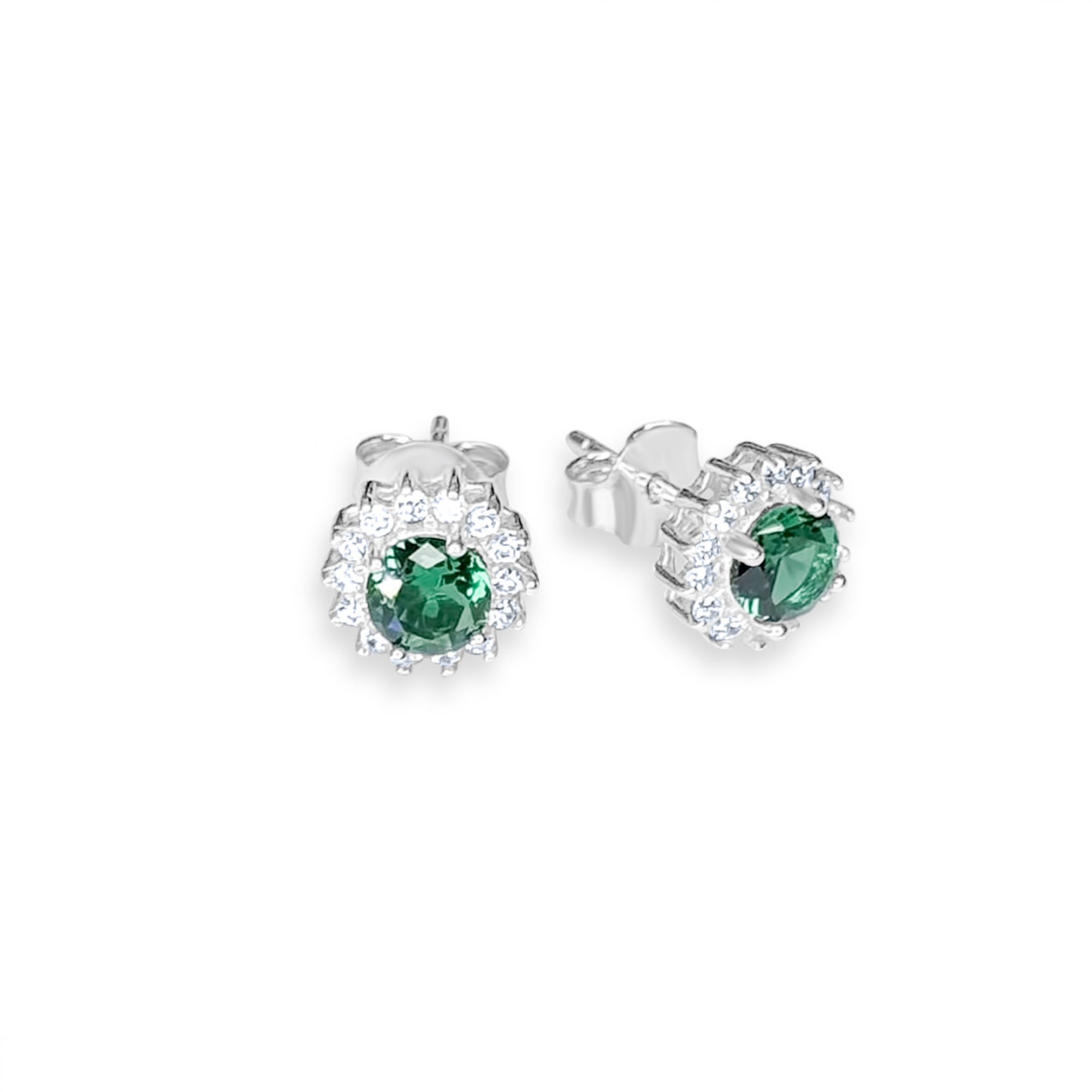 Silver stud earrings with emerald and zircon stones