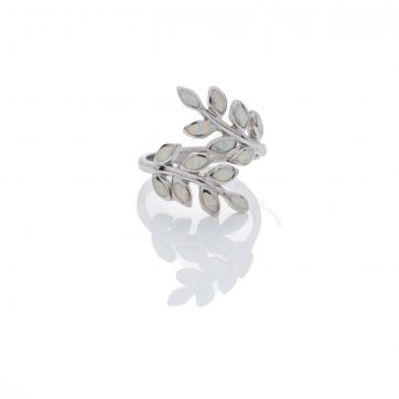 petsios Silver olive branch ring with white opal