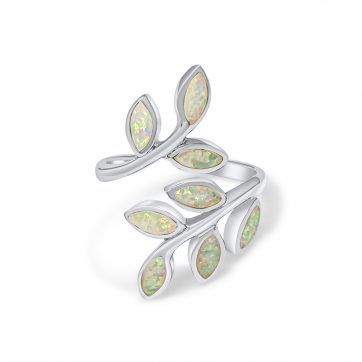 petsios Silver olive branch ring with white opal