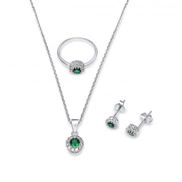 petsios Σετ κολιέ, δαχτυλίδι και σκουλαρίκια καρφωτά με πέτρες ζιργκόν και σμαράγδι