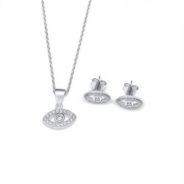 petsios Σετ κολιέ και σκουλαρίκια καρφωτά μάτι με πέτρες ζιργκόν