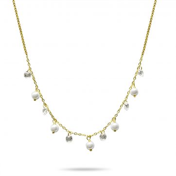 petsios Κολιέ επίχρυσο με πέτρες ζιργκόν και μαργαριτάρια