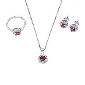 petsios Σετ κολιέ, δαχτυλίδι και σκουλαρίκια καρφωτά με πέτρες ζιργκόν και ρουμπίνι