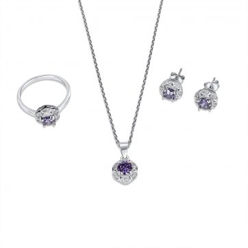 petsios Σετ κολιέ, δαχτυλίδι και σκουλαρίκια καρφωτά με πέτρες ζιργκόν και αμέθυστο
