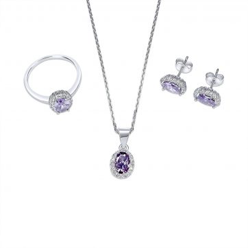 petsios Σετ κολιέ, δαχτυλίδι και σκουλαρίκια καρφωτά με πέτρες ζιργκόν και αμέθυστο