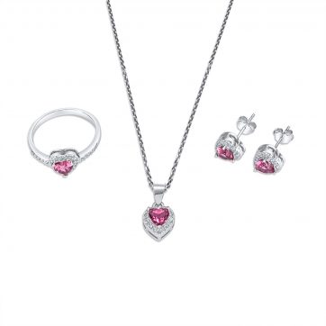 petsios Σετ κολιέ, δαχτυλίδι και σκουλαρίκια καρφωτά με πέτρες ζιργκόν και ρουμπίνι