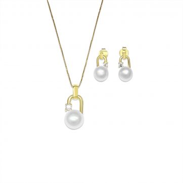petsios Σετ κολιέ και σκουλαρίκια καρφωτά με πέτρα ζιργκόν και μαργαριτάρι επίχρυσο