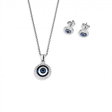 petsios Σετ κολιέ και σκουλαρίκια καρφωτά μάτι με πέτρες ζιργκόν