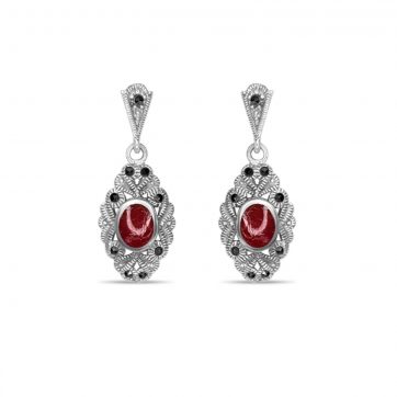 petsios Dangle marcasite earrings with coral stones