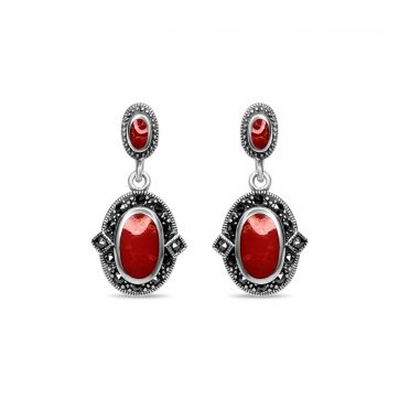 petsios Dangle marcasite earrings with coral stones