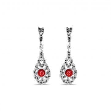 petsios Dangle marcasite earrings with coral stones