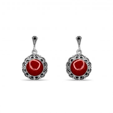petsios Dangle marcasite earrings with coral stones