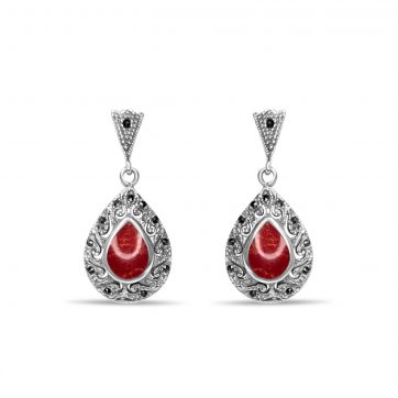 petsios Dangle marcasite earrings with coral stones