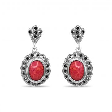 petsios Dangle marcasite earrings with coral stones