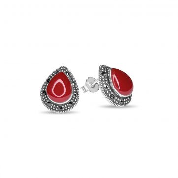 petsios Stud marcasite earrings with coral stones