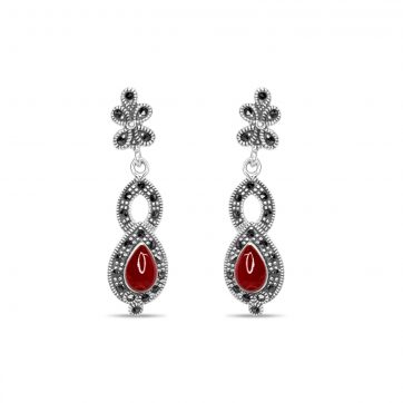 petsios Dangle marcasite earrings with coral stones