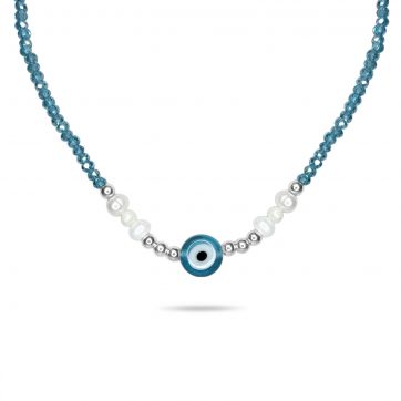 petsios Silver eye necklace with aquamarine beads