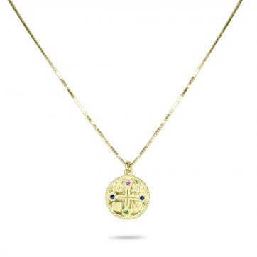 petsios Gold plated constantine necklace with ruby, emerald and sapphire stones
