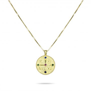 petsios Gold plated constantine necklace with ruby, emerald and sapphire stones