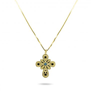 petsios Gold plated cross necklace with turquoise and sapphire stones