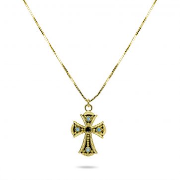petsios Gold plated cross necklace with sapphire and turquoise stones
