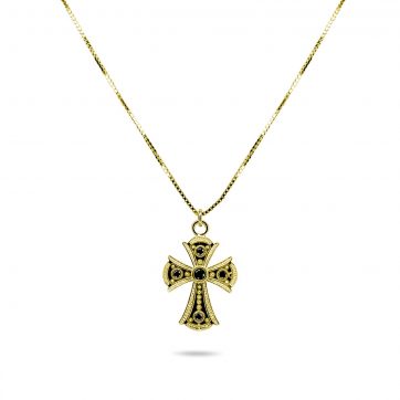 petsios Gold plated cross necklace with emerald and ruby stones