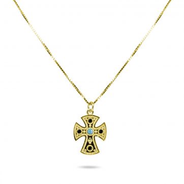 petsios Gold plated cross necklace with turquoise and sapphire stones