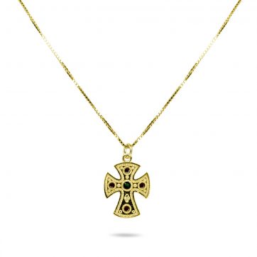 petsios Gold plated cross necklace with emerald and ruby stones