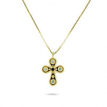 petsios Gold plated cross necklace with sapphire and turquoise stones