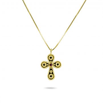 petsios Gold plated cross necklace with ruby and emerald stones