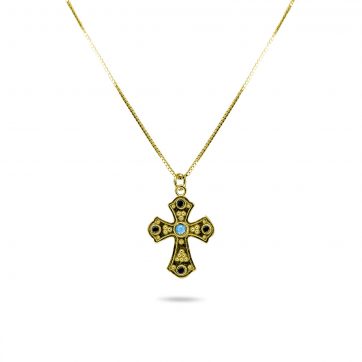 petsios Gold plated cross necklace with turquoise and sapphire stones