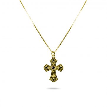 petsios Gold plated cross necklace with ruby and emerald stones