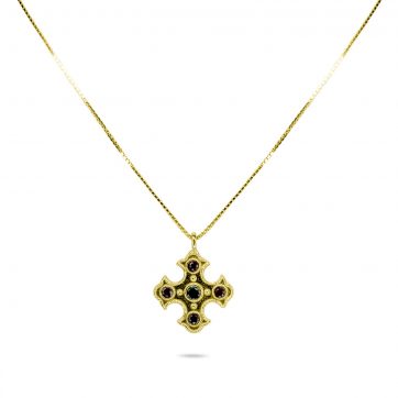 petsios Gold plated cross necklace with emerald and ruby stones
