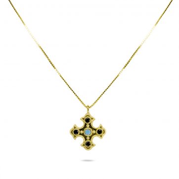 petsios Gold plated cross necklace with turquoise and sapphire stones