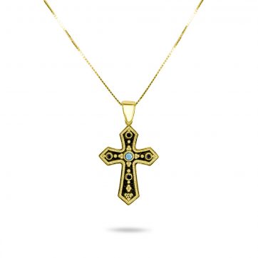 petsios Gold plated cross necklace with turquoise and sapphire stones