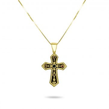 petsios Gold plated cross necklace with emerald and ruby stones