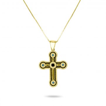 petsios Gold plated cross necklace with sapphire and turquoise stones