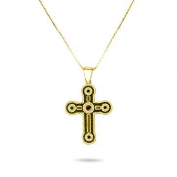 petsios Gold plated cross necklace with ruby and emerald stones
