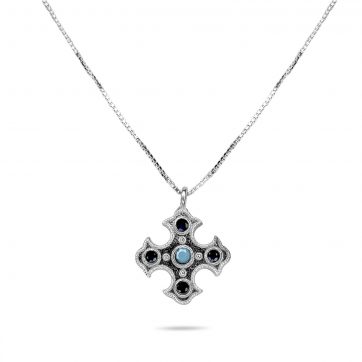 petsios Cross necklace with turquoise and sapphire stones