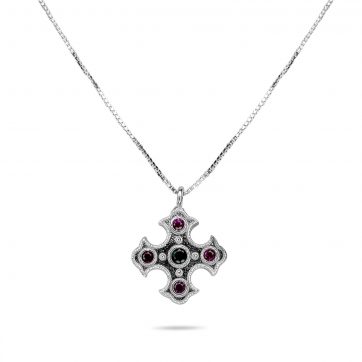 petsios Cross necklace with emerald and ruby stones