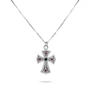 petsios Cross necklace with emerald and ruby stones