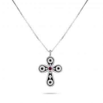 petsios Cross necklace with ruby and emerald stones