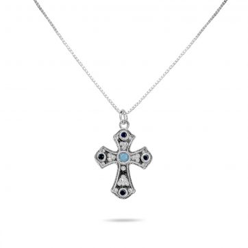 petsios Cross necklace with turquoise and sapphire stones