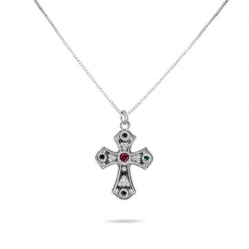 petsios Cross necklace with ruby and emerald stones